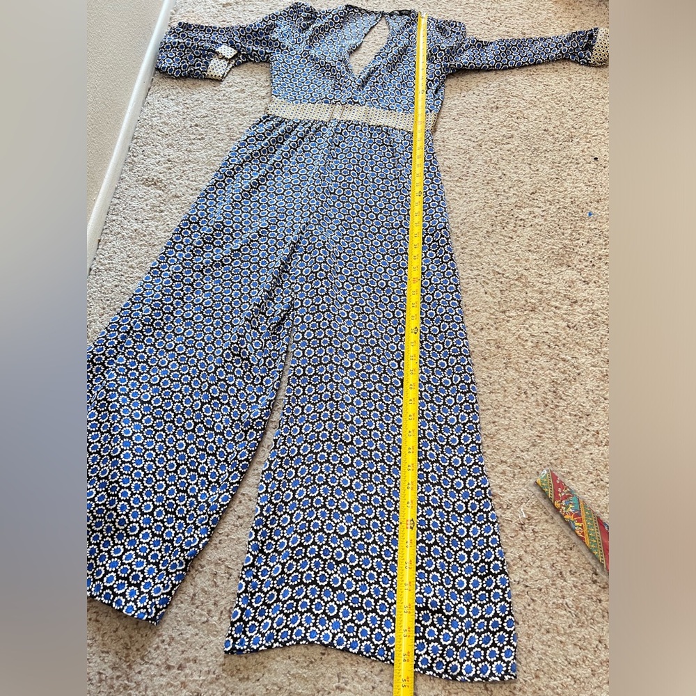 ZARA GEOMETRIC PRINT  Long Sleeves V Neck Open Back Scarf JUMPSUIT Lightweight M - Picture 6 of 11